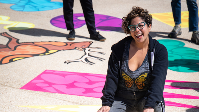Faviana Rodriguez by her art installation, "Ancestral Futurism"