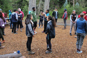 A large group of people stand outside in pairs and speak to their partners during a leadership training 