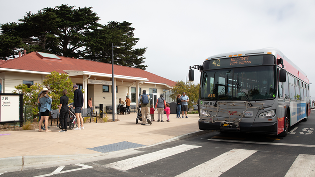 MUNI 43 arrives at the Presidio Transit Center