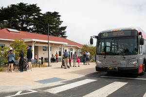 MUNI 43 arrives at the Presidio Transit Center