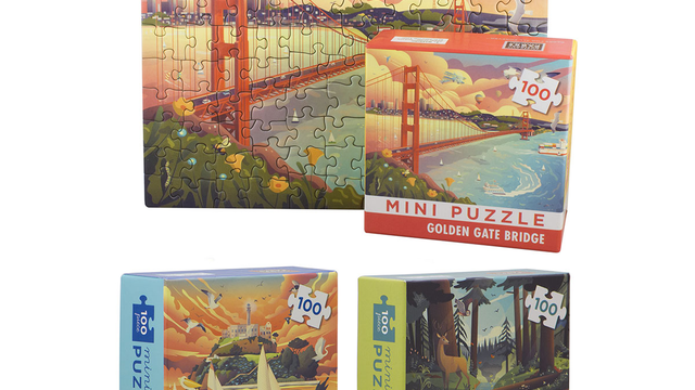 Mini puzzles featuring San Francisco landmarks, Alcatraz, and a redwood forest.
