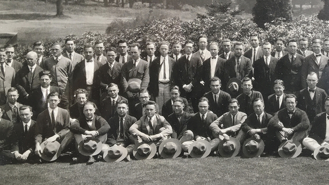 A black and white photo of a group of men. This is the 1923 graduating class of the UC Berkeley College of Engineering.
