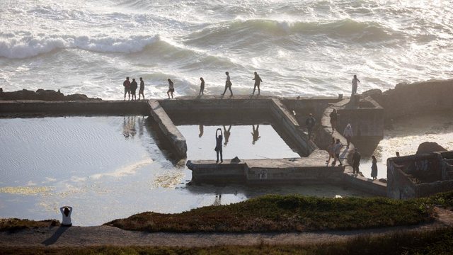Visitors recreating in the Sutro Bath ruins