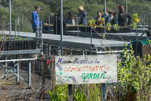 A group inside the shadehouse at the Marin Headlands Nursery