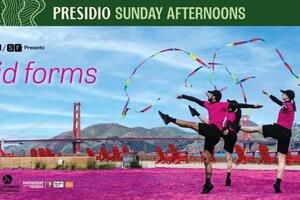 Ribbon dancers performing at the Presidio Tunnel Tops for FACT/SF Fluid Form