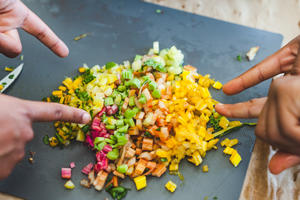 Chopped vegetables provide a colorful aesthetic