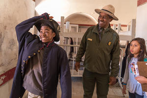 Ranger Rik Penn leads a program with youth at Fort Point in March 2018.