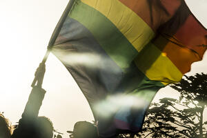 A sunset photo of the rainbow pride flag flying in the parks.
