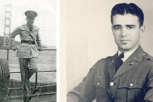 Lt. Col. Lewis Spencer Kirkpatrick standing in front of unfinished Golden Gate Bridge in 1935.