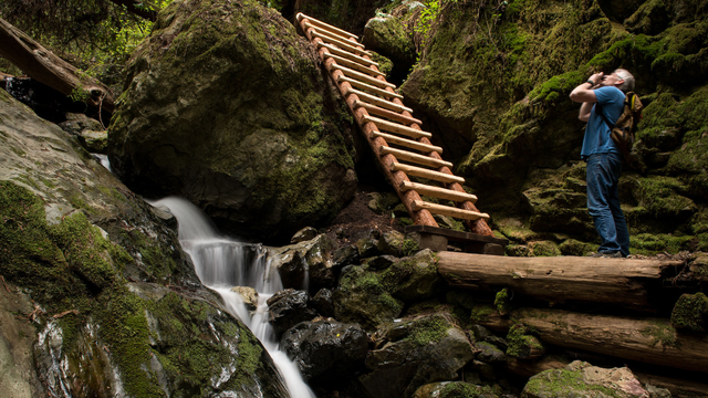 Photographer and Waterfall on Steep Ravine Trail