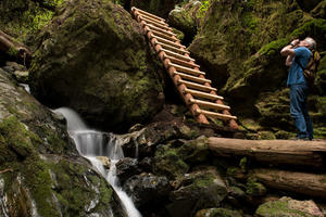 Photographer and Waterfall on Steep Ravine Trail