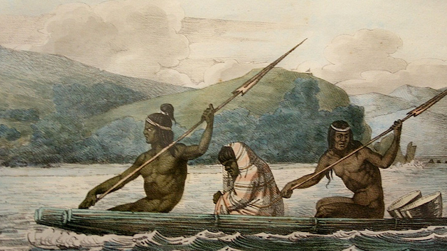 Ramaytush Ohlone in a tule boat in the San Francisco Bay, 1816.
