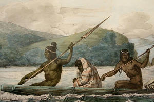 Ramaytush Ohlone in a tule boat in the San Francisco Bay, 1816.