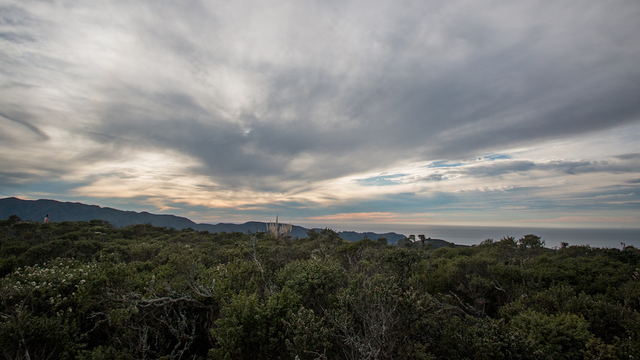 Gray clouds over chapparel on Sweeney Ridge in San Mateo County