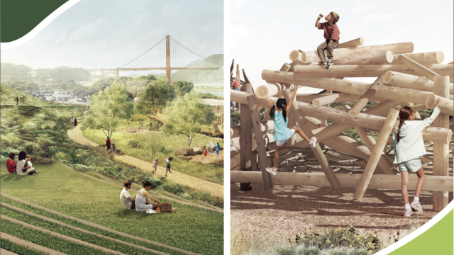 A graphic of a green space and children playing throughout it. The Golden Gate Bridge is visible in the background.