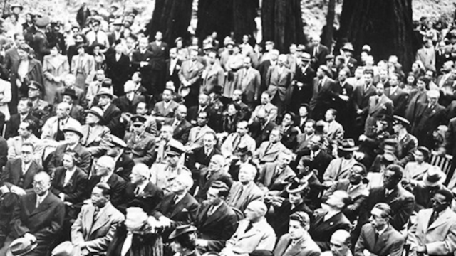 Historic image of dignitaries at Muir Woods to remember FDR. 