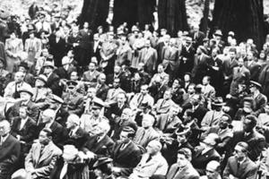 Historic image of dignitaries at Muir Woods to remember FDR. 