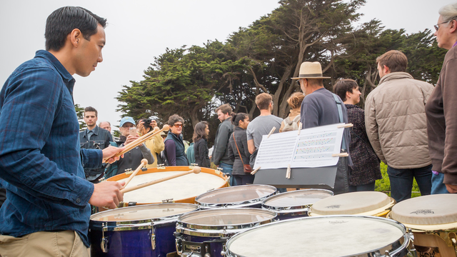 Drummer at "Inuksuit" outdoor concert 