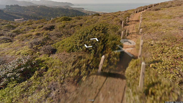 Screenshot of Google Street View on a shrubbed hillside in Milagra Ridge