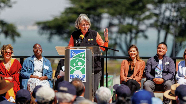 Christine Lehnertz, president and CEO of the Golden Gate National Parks Conservancy, speaks at the ribbon cutting ceremony for the Presidio Tunnel Tops.