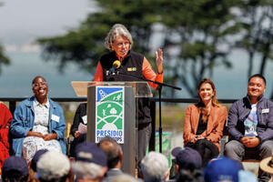 Christine Lehnertz, president and CEO of the Golden Gate National Parks Conservancy, speaks at the ribbon cutting ceremony for the Presidio Tunnel Tops.