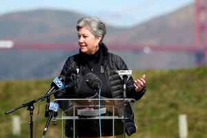 Parks Conservancy President & CEO Christine Lehnertz at a press event on Crissy Field.