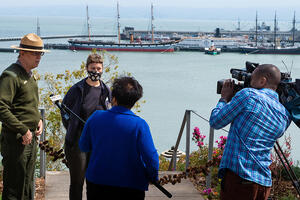Press interview NPS and Parks Conservancy staff at the opening of Black Point historic gardens.