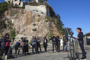 Secretary Haaland addressing the press on Alcatraz Island.