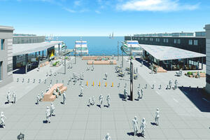 Rendering shows people enjoying the Alcatraz Embarkation Plaza