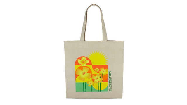Put a spring in your step with this colorful tote bag, featuring playfully illustrated California poppies by local artist Tosha Stimage.
