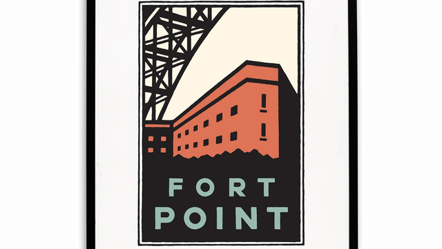 Framed Schwab graphic of Fort Point below the Golden Gate Bridge