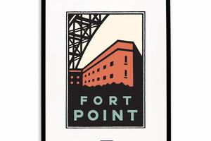 Framed Schwab graphic of Fort Point below the Golden Gate Bridge