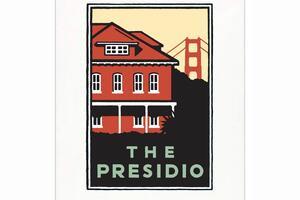 Michael Schwab graphic of the Presidio's Main Post with the Golden Gate Bridge