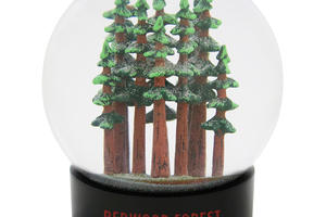 Hand-painted coast redwood trees inside a fog globe. The globe bays says "Redwood Forest, California".