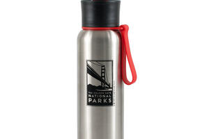 One side of a stainless steel water bottle featuring the "Golden Gate National Parks" Michael Schwab image outlined in black