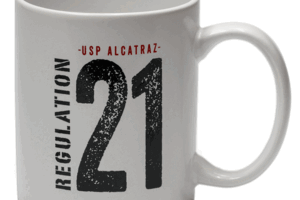 Mug with Alcatraz Regulation 21 text