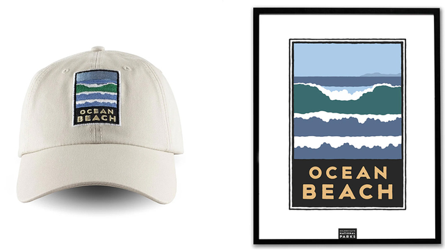 Ocean Beach poster and baseball cap.