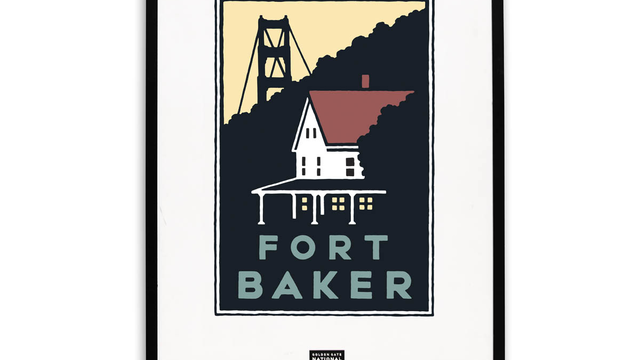 Framed Schwab graphic of Fort Baker overlooking the Golden Gate Bridge