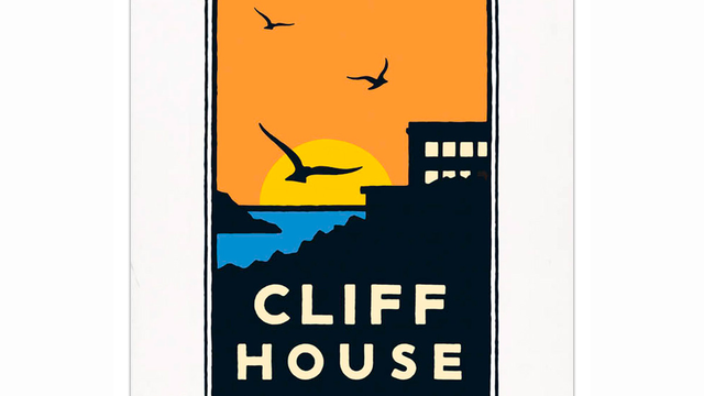 Schwab image of birds flying over the Cliff House at sunset