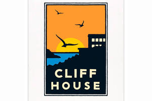 Schwab image of birds flying over the Cliff House at sunset