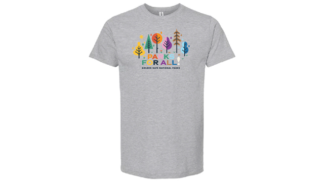 Colorful t-shirt with illustrated tree graphics and PARKS FOR ALL! text.