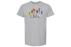 Colorful t-shirt with illustrated tree graphics and PARKS FOR ALL! text.