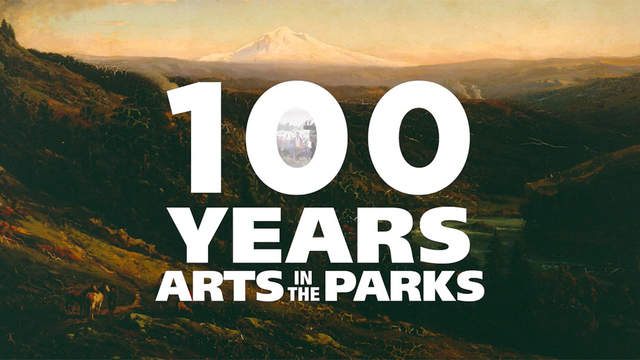 Video screenshot showing a landscape painting overlayed with the series title, "100 Years of Arts in the Parks"