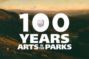 Video screenshot showing a landscape painting overlayed with the series title, "100 Years of Arts in the Parks"