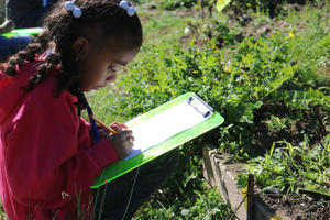 A student sketches a plant during a Seeds to Flowers program