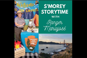 National Park Service Ranger Mariajosé presents S'morey Storytime at a virtual campsite with a plush Coyote doll.