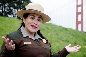 Park Ranger in front of Golden Gate Bridge