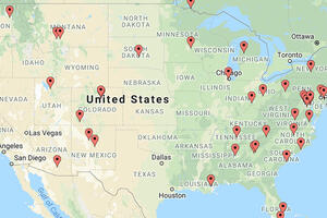 Map of the United States with pins of all the Healthy Parks Healthy People programs across the country.