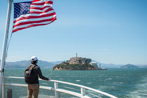 The view from the Alcatraz Cruises boat to Alcatraz Island.