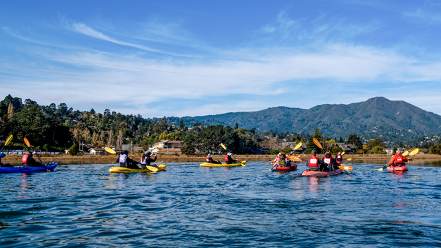 A group Kayaking at Bothin Marsh in Marin, with Mount Tamalpais in the background.